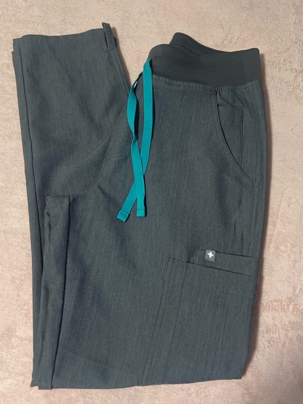 Figs Women's Dark Gray Boot Cut Scrub Pants with Teal Drawstring